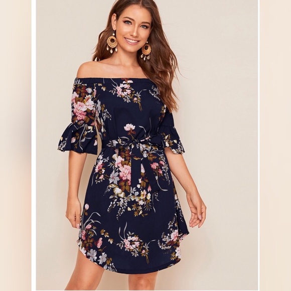 Dresses & Skirts - Off The Shoulder Floral Print Tie Curved Hem Dress